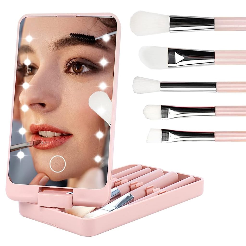 MAYCREATE® Vanity Mirror with Light, 2 in 1 Rotatable Personal Beauty Mirror with 5 Makeup Brushes, LED Lights Dimmable Touch Screen Travel Lighted Mirror for Women and Girls