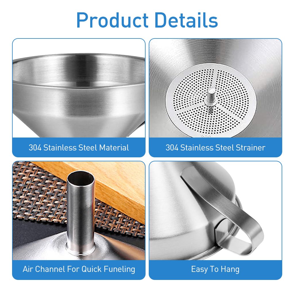 ZIBUYU Funnel for Kitchen Use with Removable Mesh Sieve 4.3 in Stainless Steel | Oil Filter