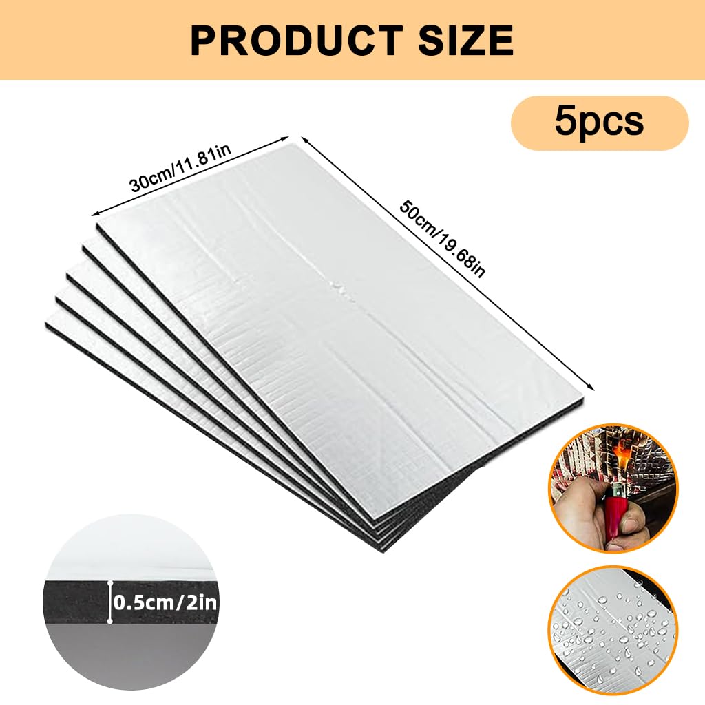 STHIRA Noise Dampening Mats for Cars with 5mm Foil Foam and Self-Adhesive Backing | 5pcs 50x30cm Trim-to-Fit Sound Insulation Sheets