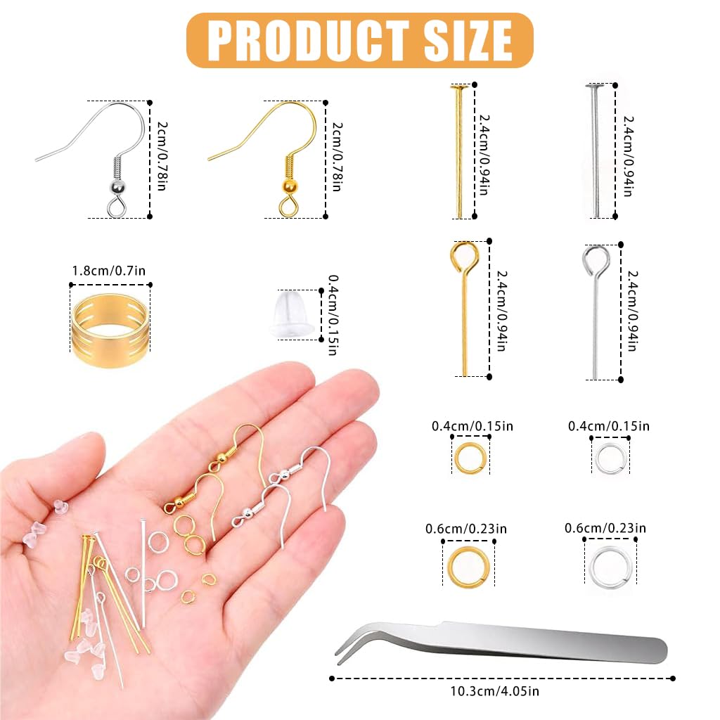 MAYCREATE® 2000Pcs DIY Earring Making Kit Golden & Silver Earring Hooks Jump Rings Earring Backs Headpins Eyepins and Tweezer Earring Findings for DIY Earring Making Jewelry Making