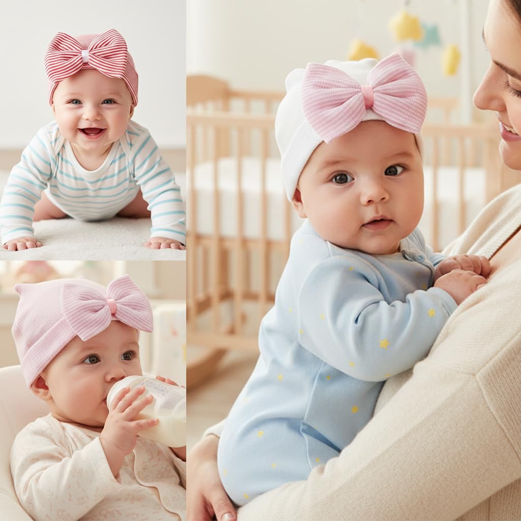 SNOWIE SOFT Baby Caps for Newborns featuring Bow Knot Design and Striped Cotton | 3pcs Gift Set