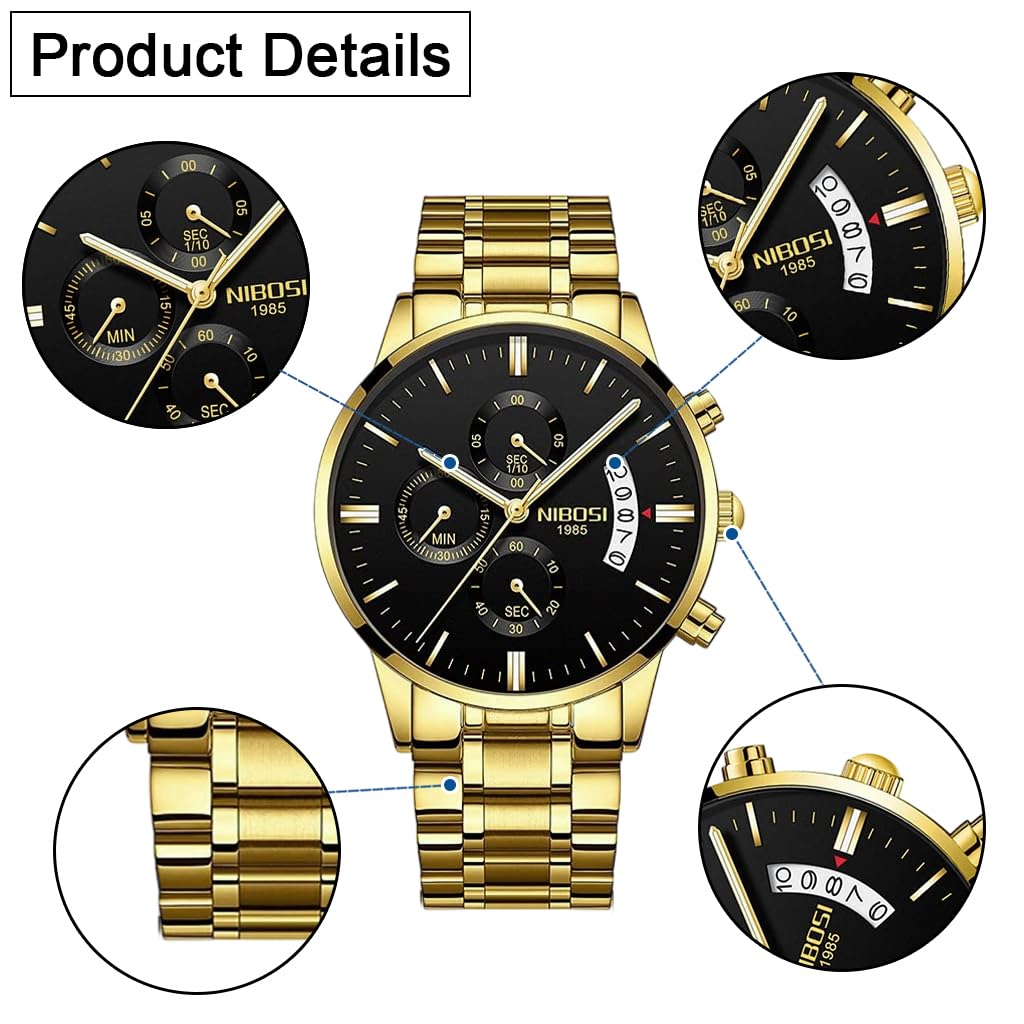 PROBEROS Watch for Man 4Pcs Jewellery Set with Gold Necklace Bracelet Ring & Gift Box | Stainless Steel Accessories for Men
