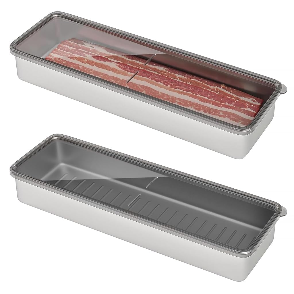 Supvox Stainless Steel Airtight Bacon Box for Meal Prep with Clear Lid 27x10x5cm