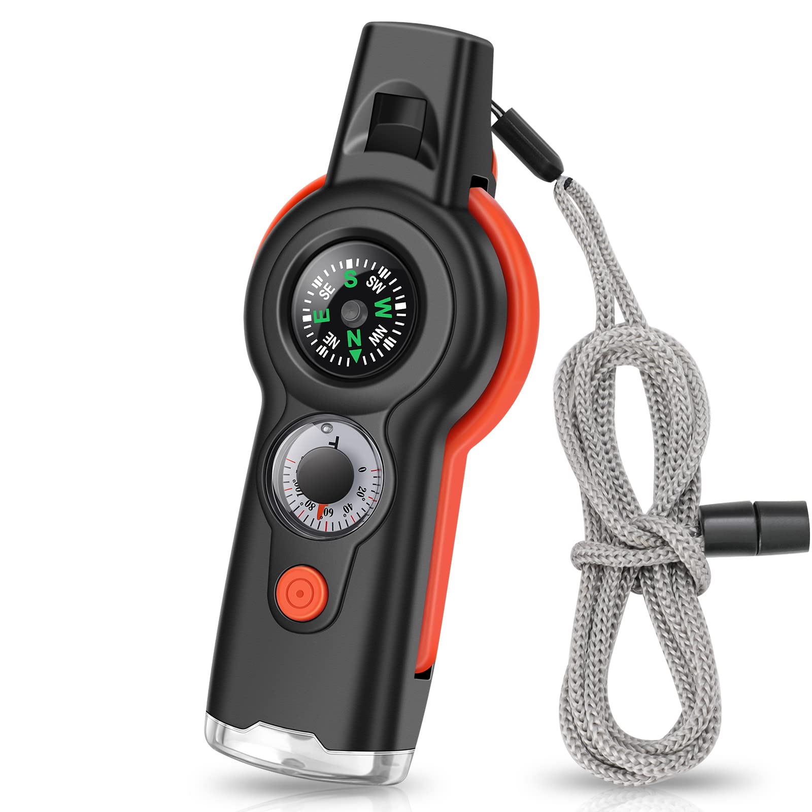 ZIBUYU 7-in-1 Emergency Survival Whistle, Outdoor Whistle with LED, Compass and Thermometer, Ideal for Camping, Hiking, Climbing, Hunting, Fishing, Rescuing, Scout Training