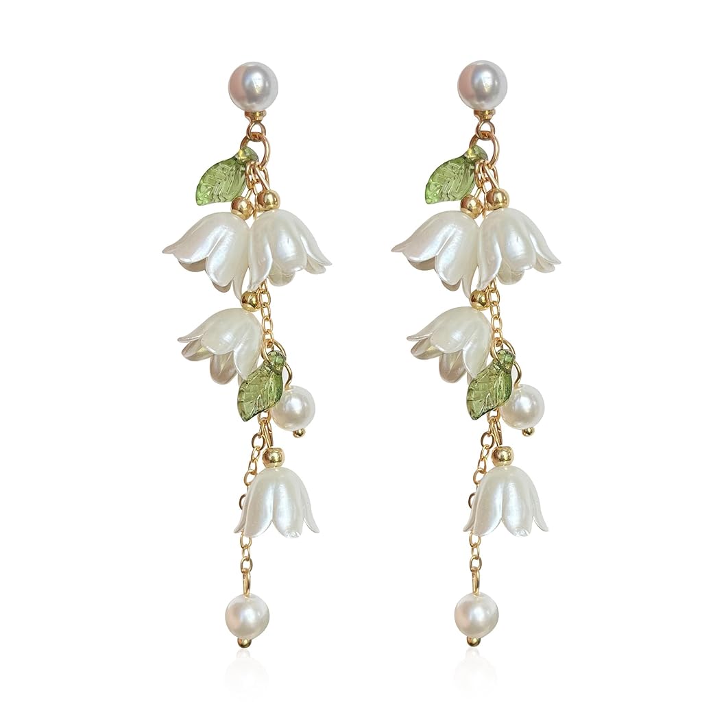 SANNIDHI® 1 Pair Drop Earrings for Women Girls Dangle Earring White Lily of the Valley Pendent Charm 2.95 inch Tassel Floral Elegance Drop Earrings Women Jewelry Gift