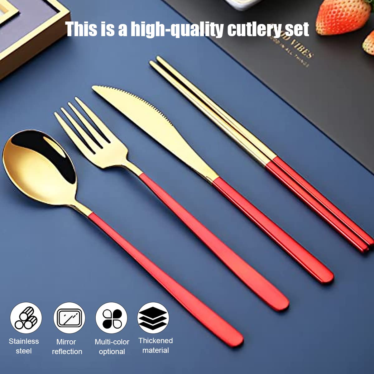 Supvox 410 Stainless Steel Knife Fork Spoon Chopstick Set, Portable Travel Utensil Flatware Sets with Case, 4Pcs Spoon Fork Knife Chopstick for Picnic Camping Travel & Outdoor Lunch (Red Gold)