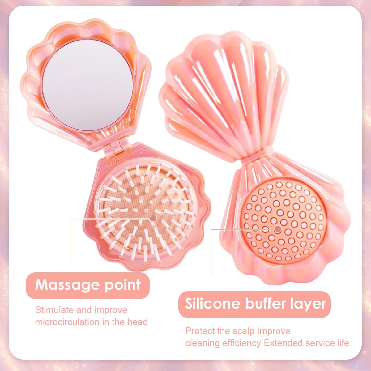 MAYCREATE Portable Comb for Travel with Built-In Mirror and Scalp Massage Brush | Pink Seashell