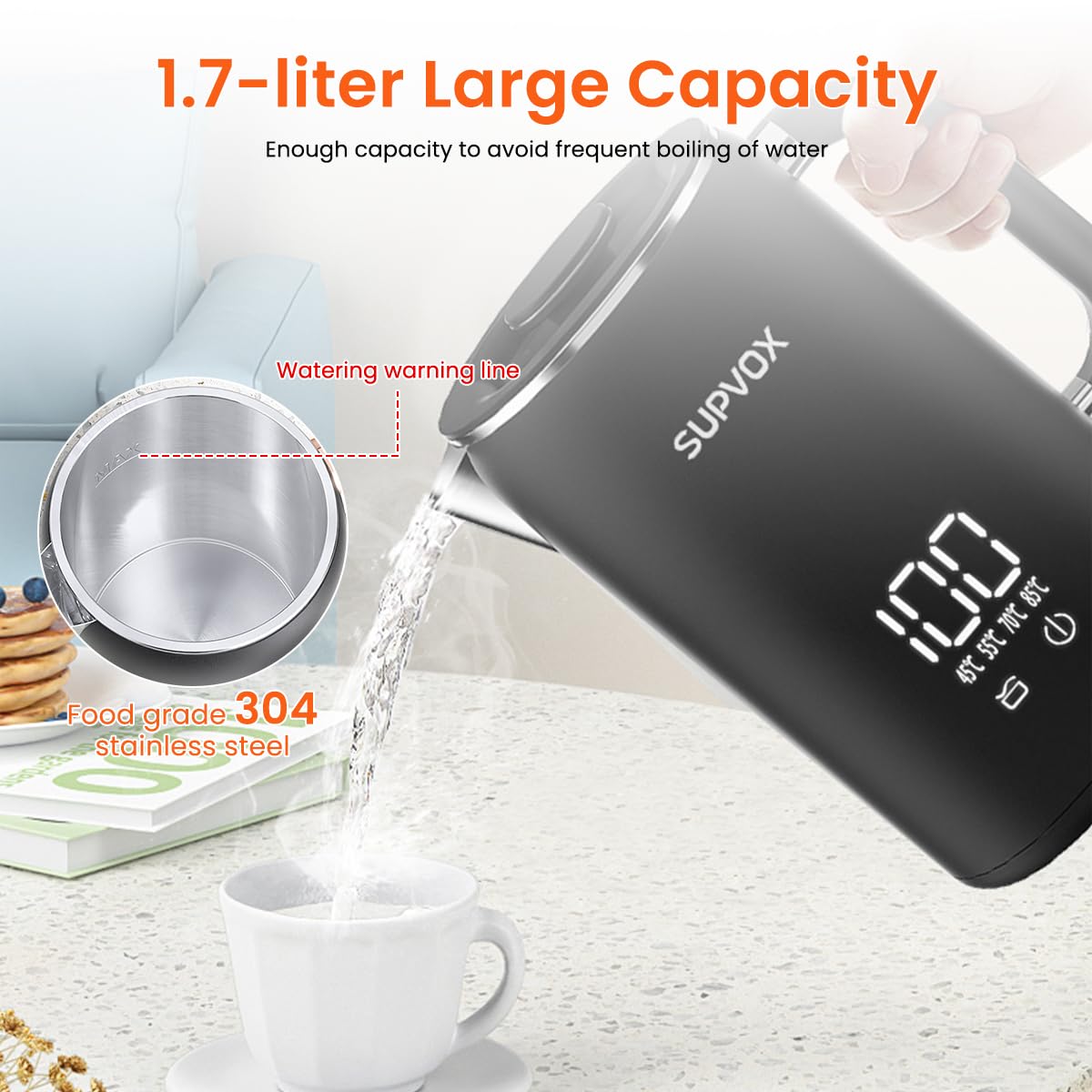 Supvox Electric Kettle for Hot Water with 1.7L Capacity and LCD Temperature Control | 304 Stainless Steel