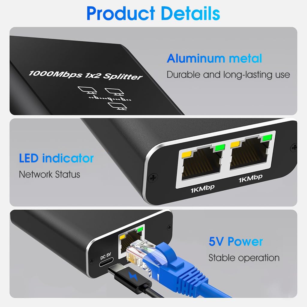 ZORBES USB C Powered Dual Gigabit Ethernet Splitter for Streaming and Gaming | 1000Mbps Plug and Play Connectivity