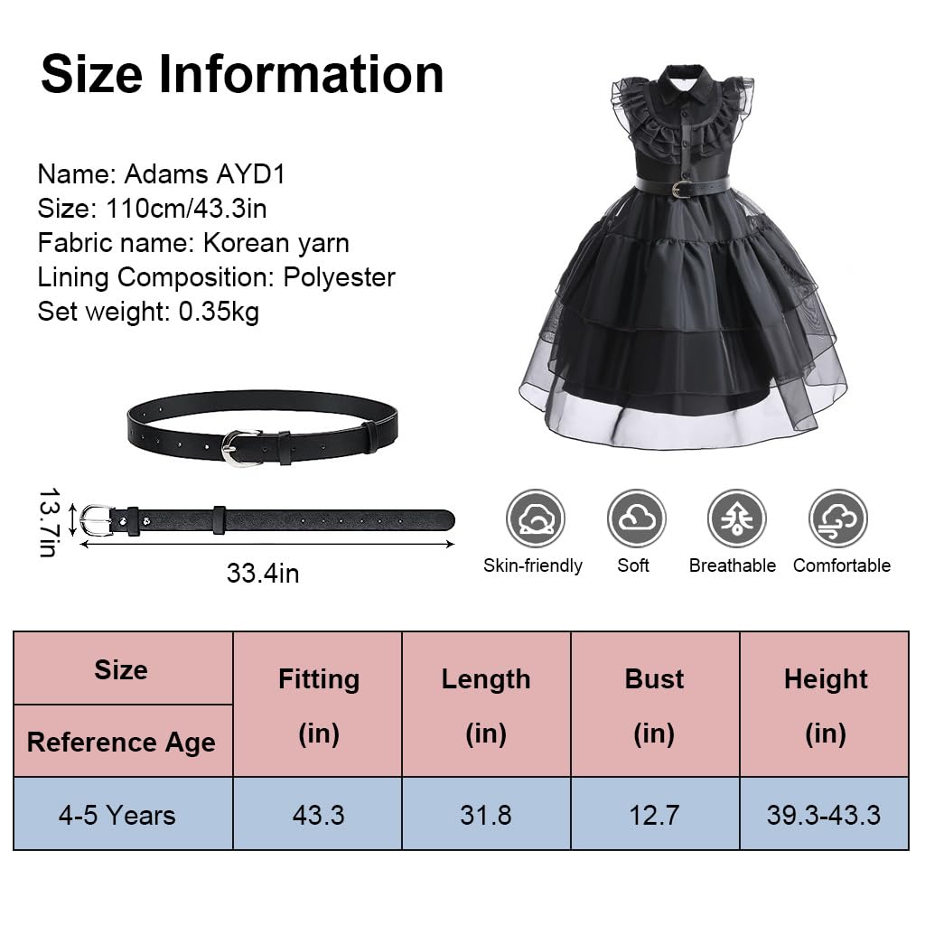 PALAY® Wednesday Addams Dress, Fancy Baby Girls Dress Costume for Kids 3-5 Years Old, with Socks, Necklace, Bracelet, Ring & Earrings Jewelry Set for Party Halloween Cosplay