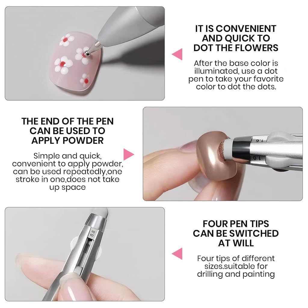 MAYCREATE Nail Dotting Tool for DIY Nail Art with 4 tip sizes 0.8–1.6mm | Switchable Pen Design