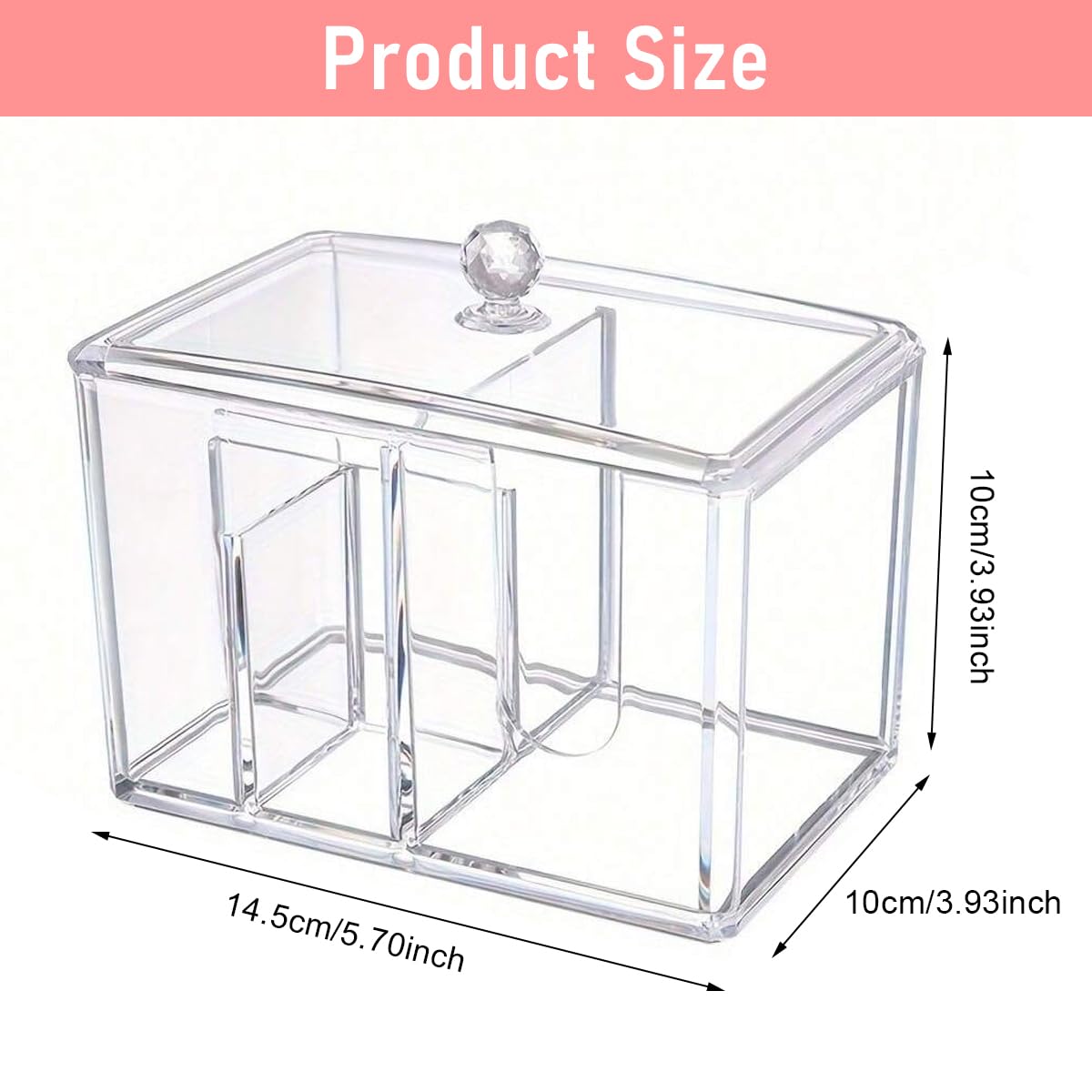 Zibuyu Transparent Acrylic Cotton Swab Organizer for Makeup Storage 15x10.7x10cm with 4 Sections and Crystal Ball Lid