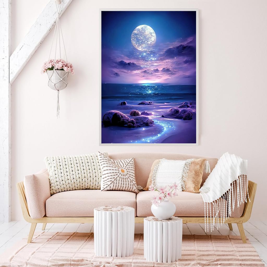 HASTHIP DIY 5D Diamond Painting Art Kit for Home Decor featuring 12 x 16 in Moonlit Beach Scene | 2 PCS Beginner Set