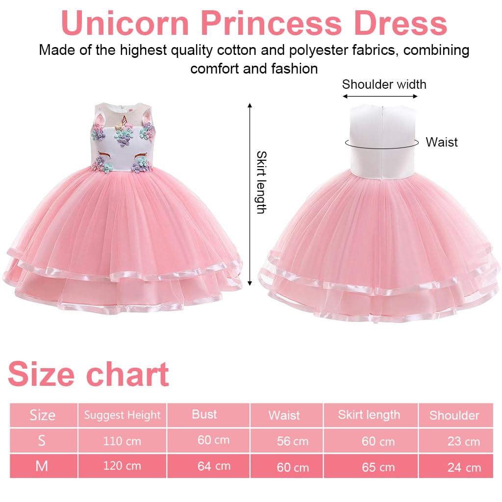 PATPAT Unicorn Princess Dress for Girls with Embroidered Lace Hem Pink Cotton 110cm Size