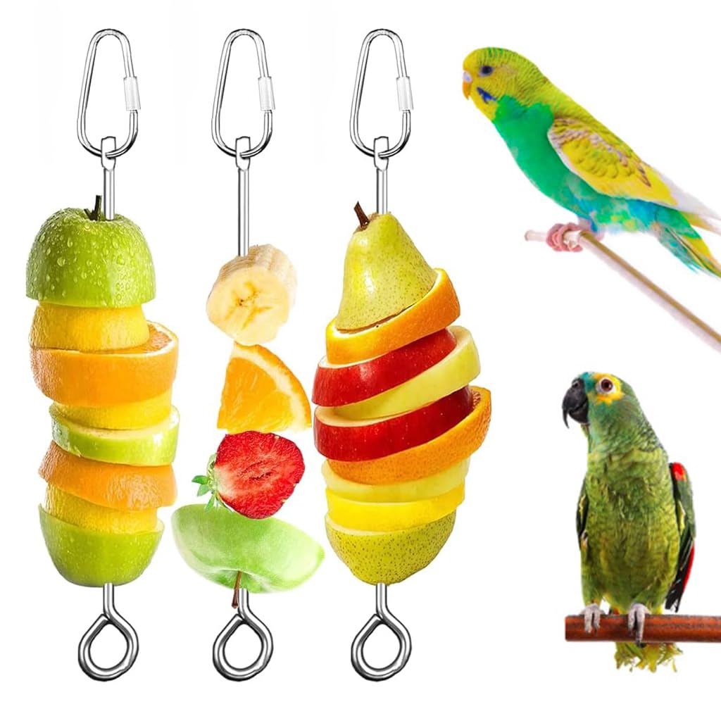 Qpets® Bird Cage Hanging Fruit Skewer, Pet Birds Parrots Fruit Skewer with Carabiner, Food-Grade Stainless Steel Fruit Skewer Bird Kebab Skewer for Pecking, Nibbling