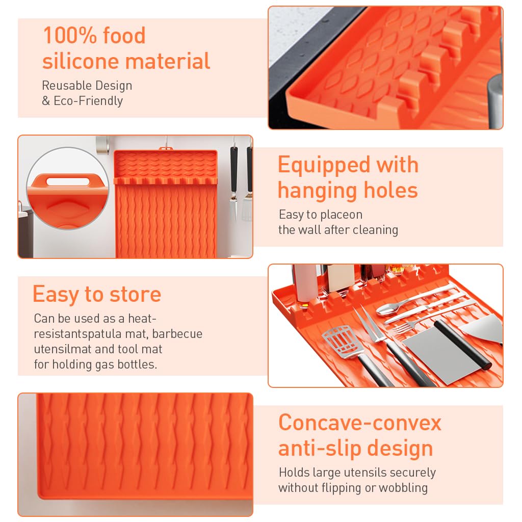 Supvox Silicone Grill Tools Mat for Barbecue and Kitchen Use with 28x40 cm Size featuring Anti Slip Grooves and Drip Pad | Orange Silicone Counter Protection