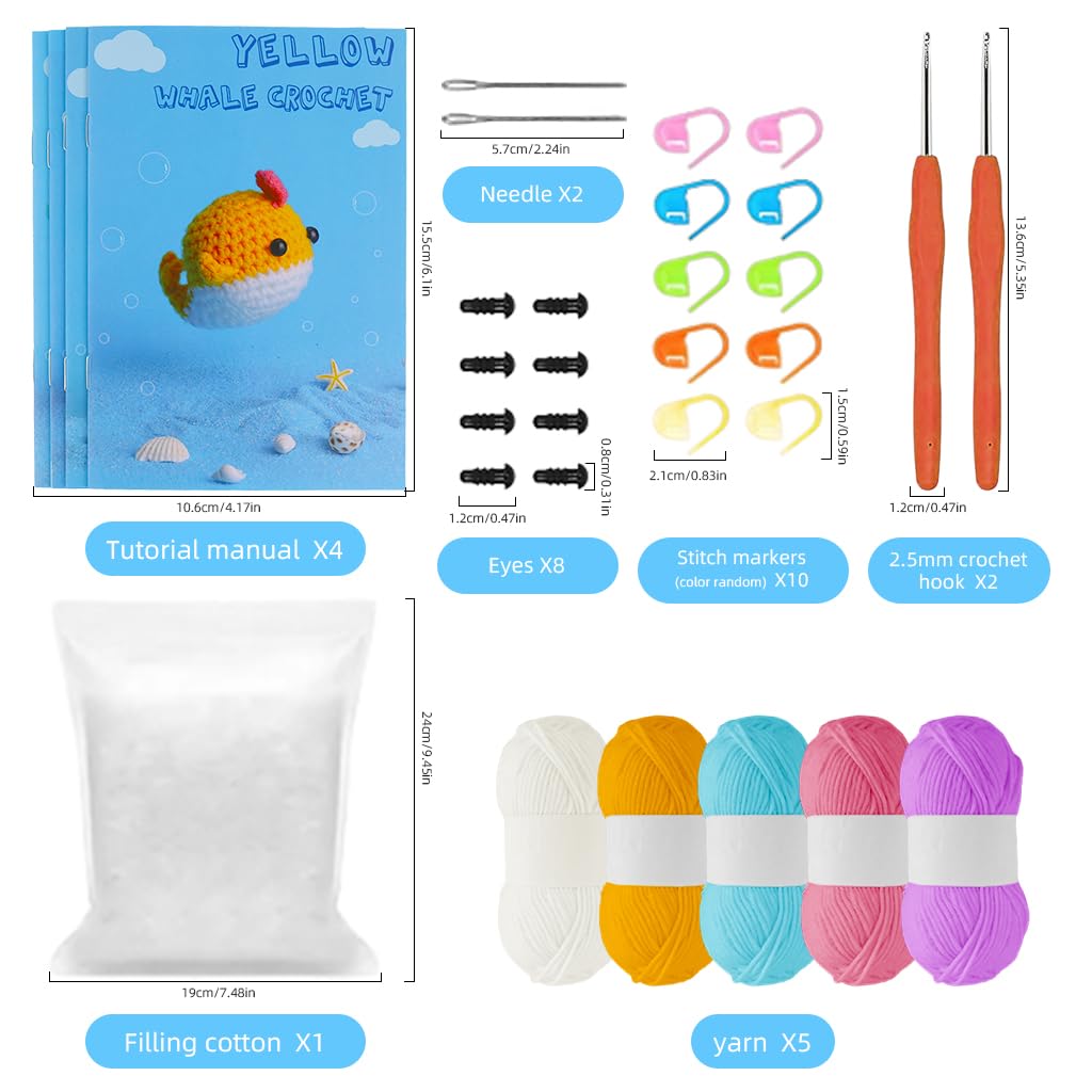 PATPAT Crochet Kit for Beginners with 4 Mini Cartoon Whales and Multicolor Yarn | DIY Gift