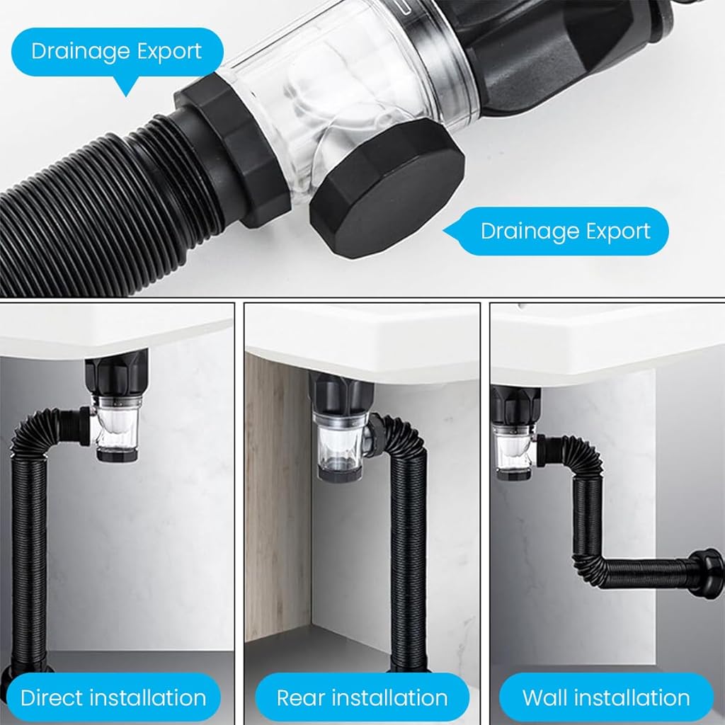 HASTHIP® Sink Drain Kit with Flexible Expandable P-Trap Pipe Tube Anti-Odor Bathroom 3 in 1 Plumbing Fits for 3-4.5 cm Hole Kitchen Sewer 3PCS