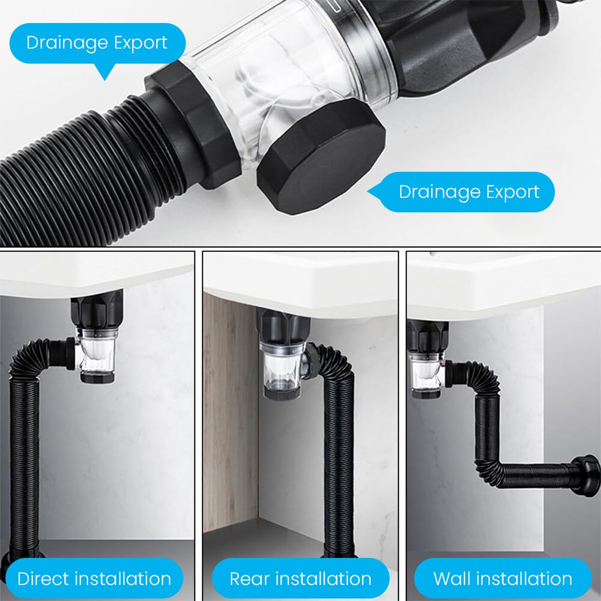 HASTHIP® Sink Drain Kit with Flexible Expandable P-Trap Sink Drain Pipe Tube Anti-Odor Bathroom Sink Drain Pipe 3 in 1 Plumbing, Fits for 1-1/4'' & 1-1/2'' Drain Hole, For Kitchen Bathroom Sewer Drain