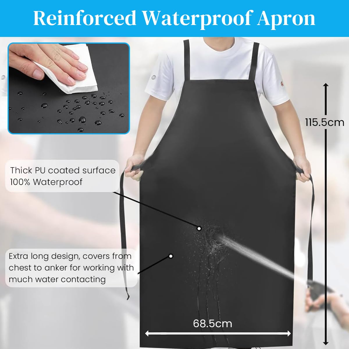 HASTHIP Apron for Dishwashing and Workshop with 43 in Length Featuring Cross Back Straps and PVC Vinyl Black
