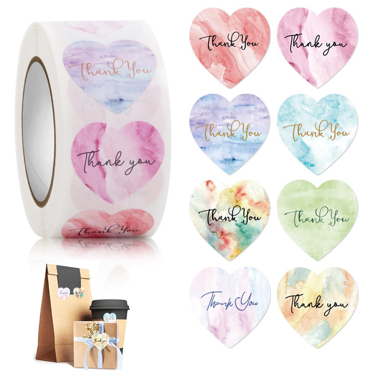 HASTHIP® 500Pcs Thank You Stickers - 8 Different Design Colorful Heart-Shape Sticker Sealing Stickers, 1'' Self Adhesive Thank You Sticker Lable Heart-Shape Sticker for Christmas Gift, Invitation