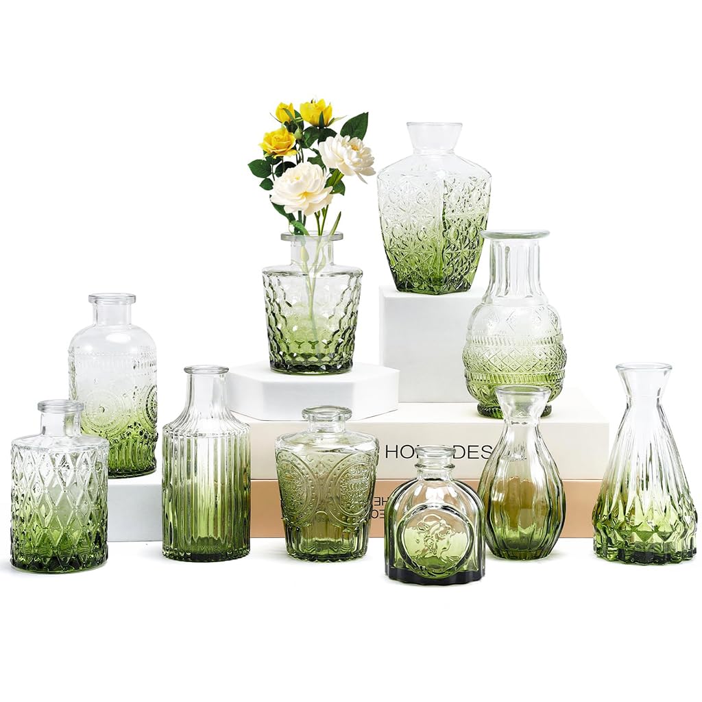 HASTHIP Glass Vase Set for Flower Arrangement featuring 10 Retro Embossed Designs | Transparent Green Gradient Decor