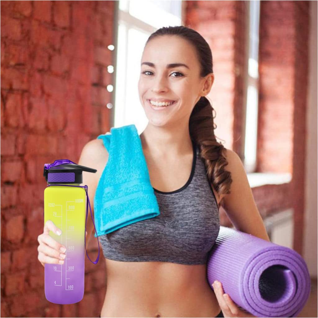 Proberos  Water Bottles for Kids 1 Litre BPA Free Motivational Water Bottle with Straw Reminder Gym Bottles for Men with Time Marker Leak Proof Lid for Workout Use Hiking, Keep You Stay Hydrated (Yellow)