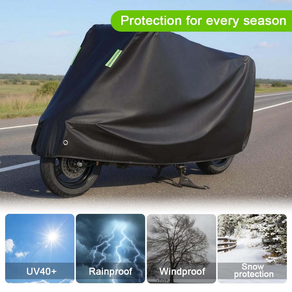 ZIBUYU Motorcycle Cover for All Season Use with Dual Lockholes and Reflective Strips | Waterproof Tearproof Polyester Protection