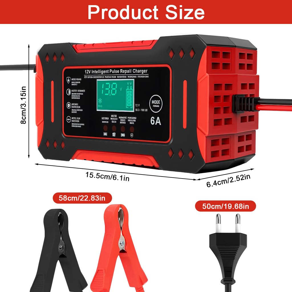 STHIRA Car Battery Charger 12V 6A for Cars Motorcycles and Boats with LCD Display | Pulse Maintenance and Auto Stop