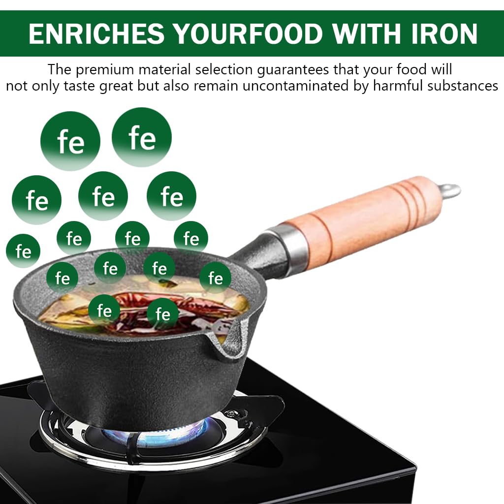 Supvox Cast Iron Tadka Pan for Oil Heating with Wooden Handle and Easy Pour Nozzle | 1 Liter