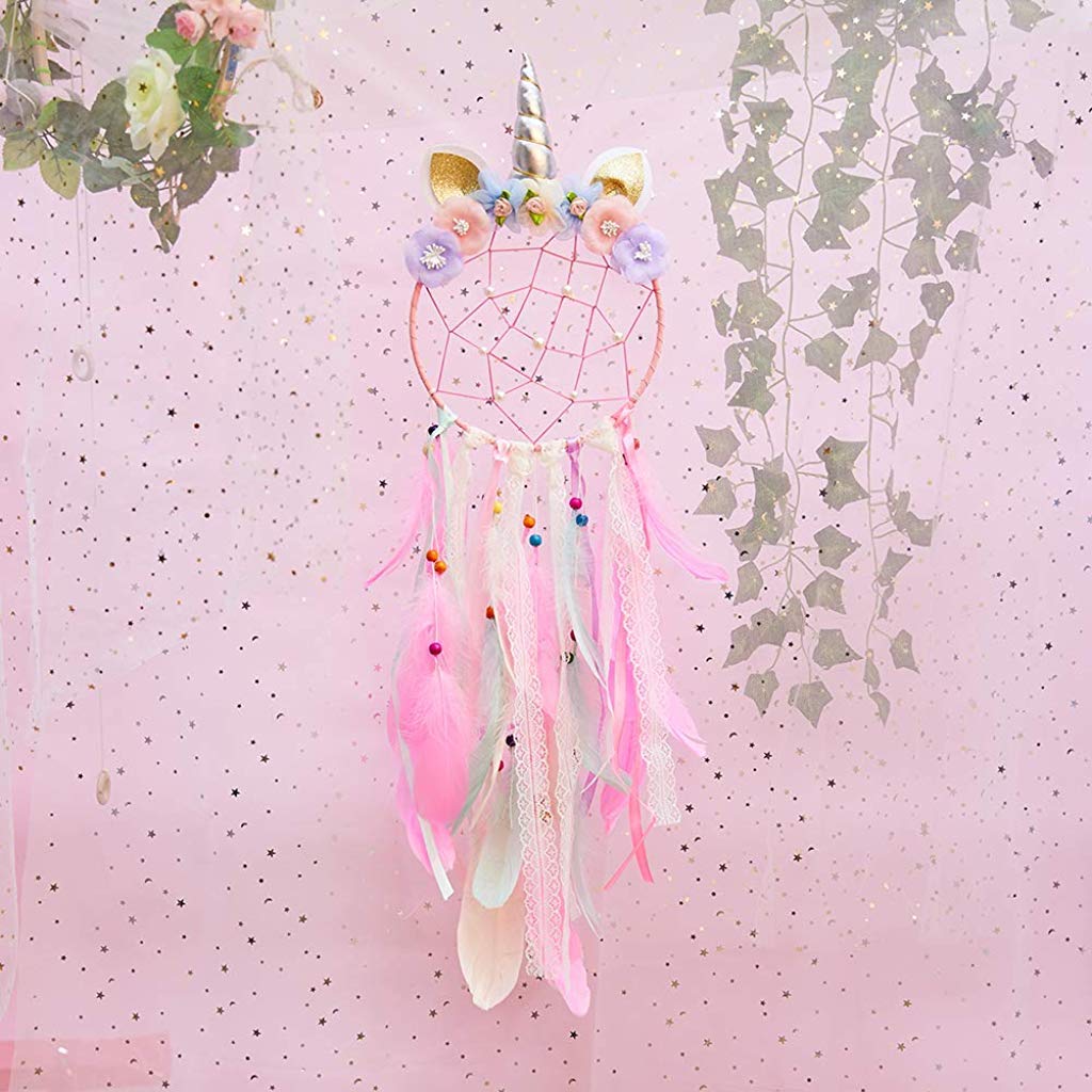 HASTHIP Dream Catcher for Home Decoration with Unicorn Design and Shiny Pearls Net | Pink Handmade Cotton Thread Feathers