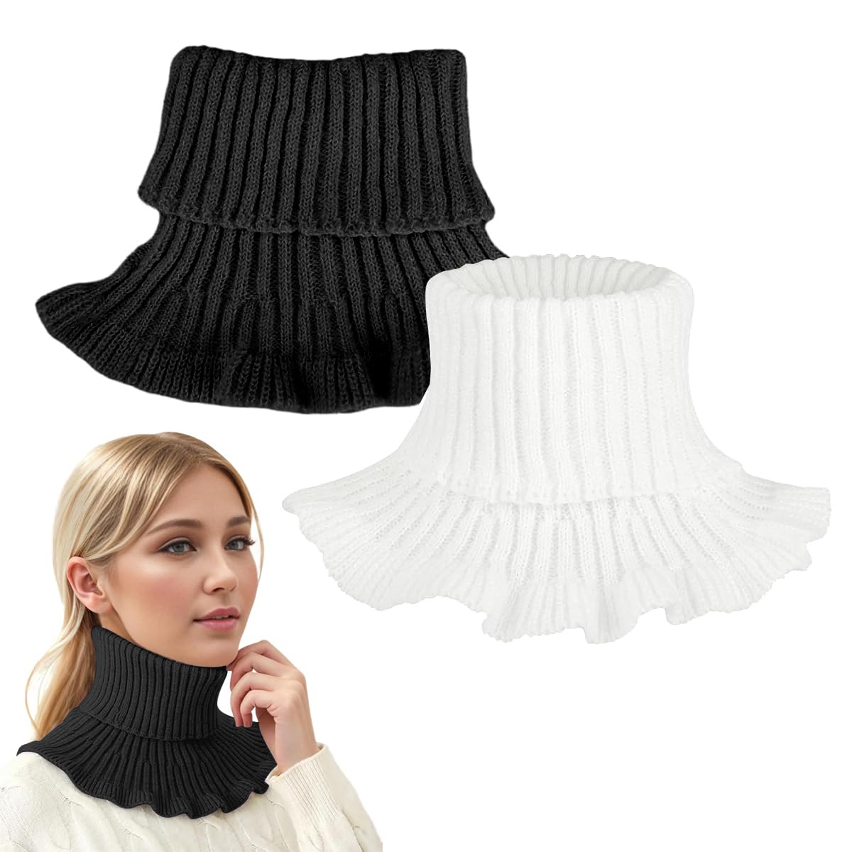 Venzina Knit Fake Turtleneck Collar for Layered Winter Style with Flounce Hem | 2pcs Black and White Acrylic Neck Warmer
