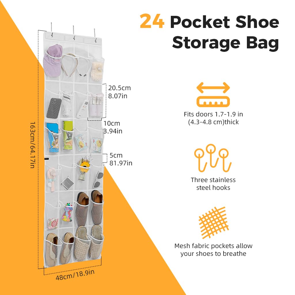 HASTHIP Shoe Organizer for Door Storage with 24 Pockets and 3 Eyelets | Non Woven White Bag