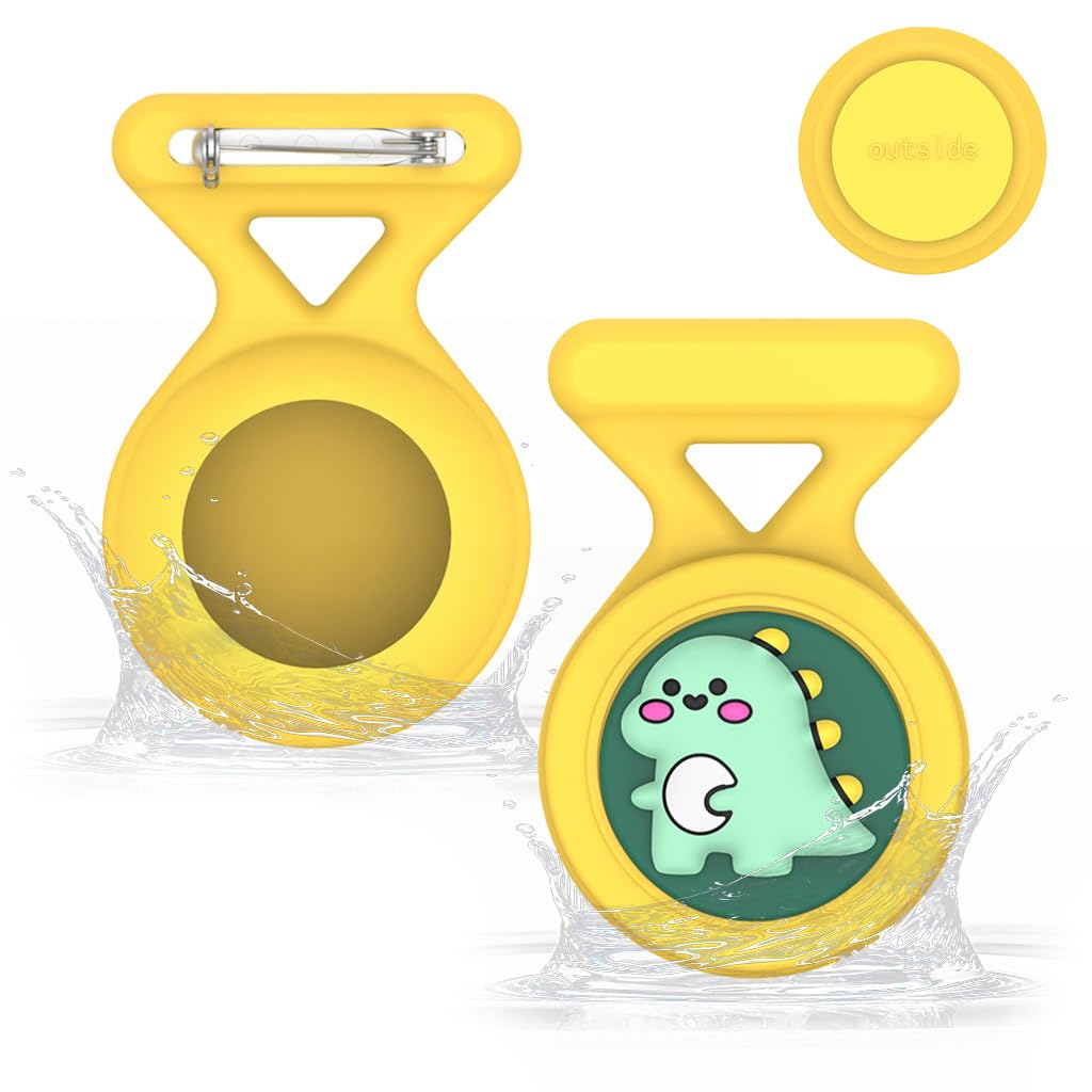 ZORBES Waterproof AirTag Holder Cartoon Dino Yellow Brooch Pin AirTag Holder Silicone Waterproof AirTag Holder Anti-lost Brooch Pin AirTag Holder for Kids, Luggage, Bag, Backpack