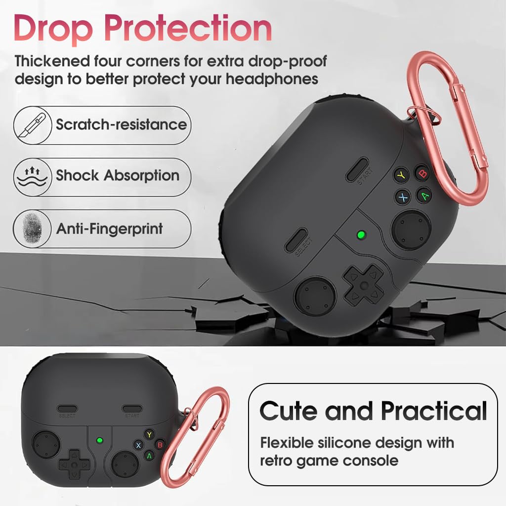 ZORBES Earbuds Case Cover for Samsung Galaxy Buds 3 with Carabiner | Retro Gaming Silicone Protection Black