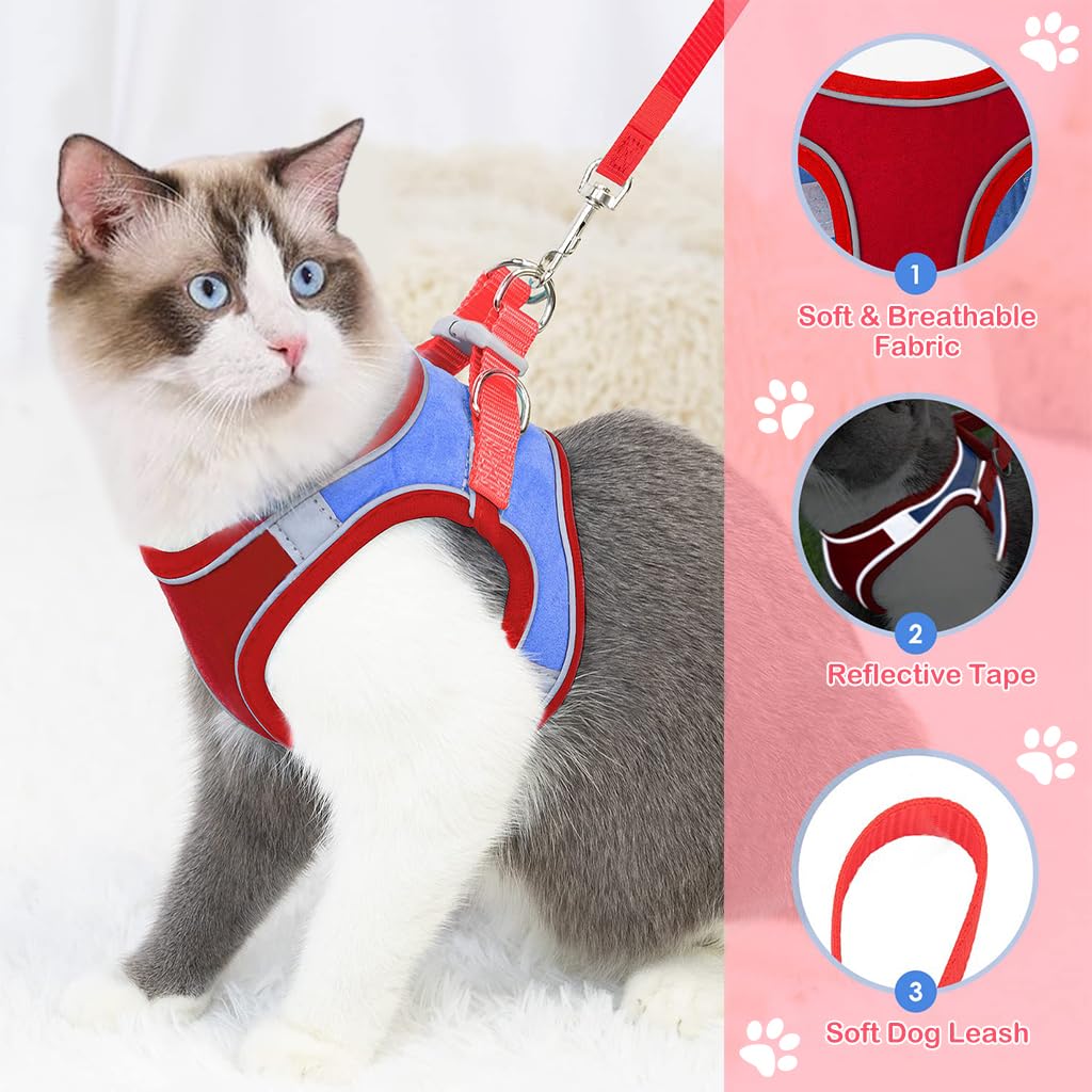 Qpets® Cat Harness with 1.5m Leash, Cat Belt Adjustable Size Breathable Cat Vest Strap with Safety Reflective Strip, Cat Leash with Harness for Small Cat and Dog (M, Red)