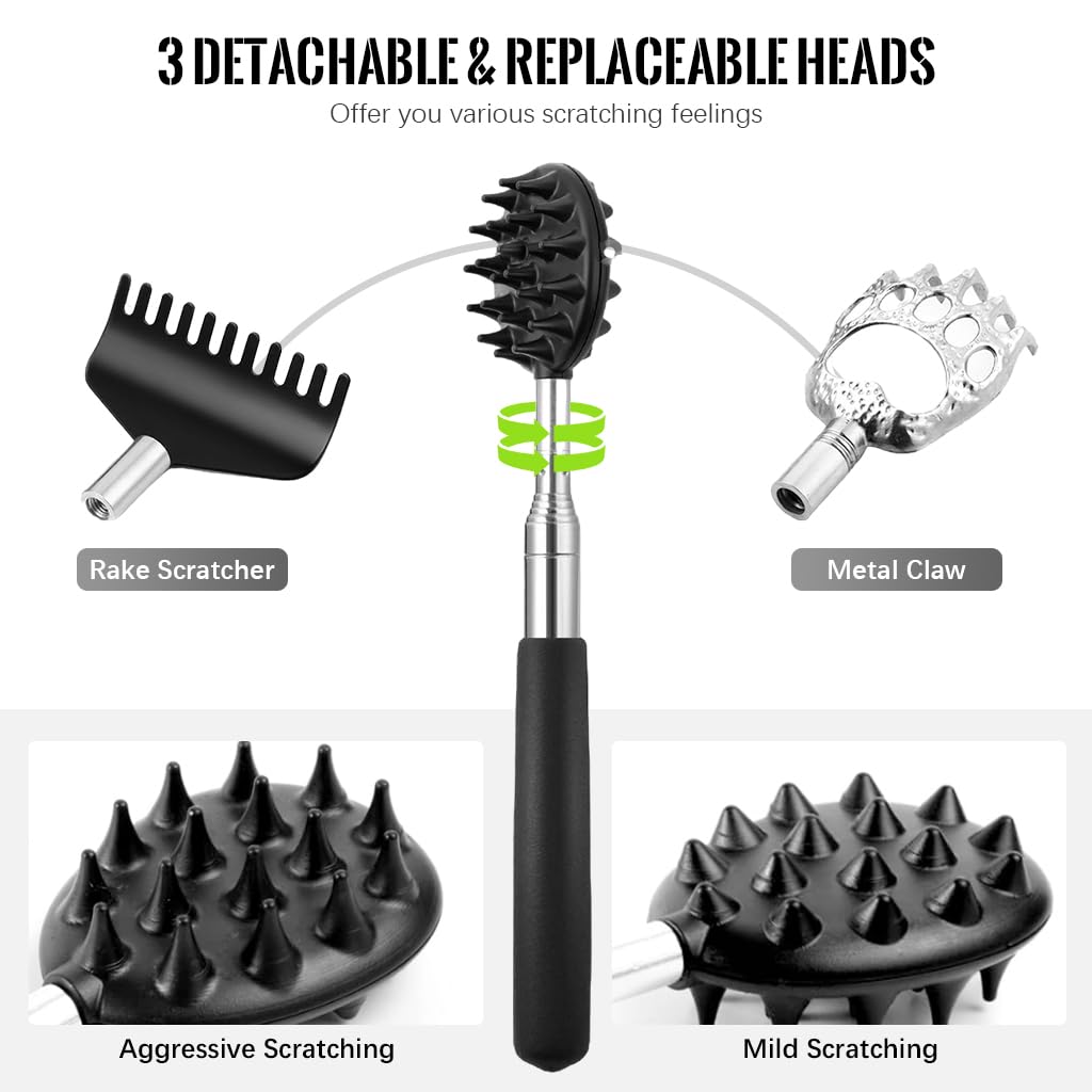 MAYCREATE 3 in 1 Back Scratcher with Interchangeable Heads and Telescoping Metal Handle | 2PCS Black