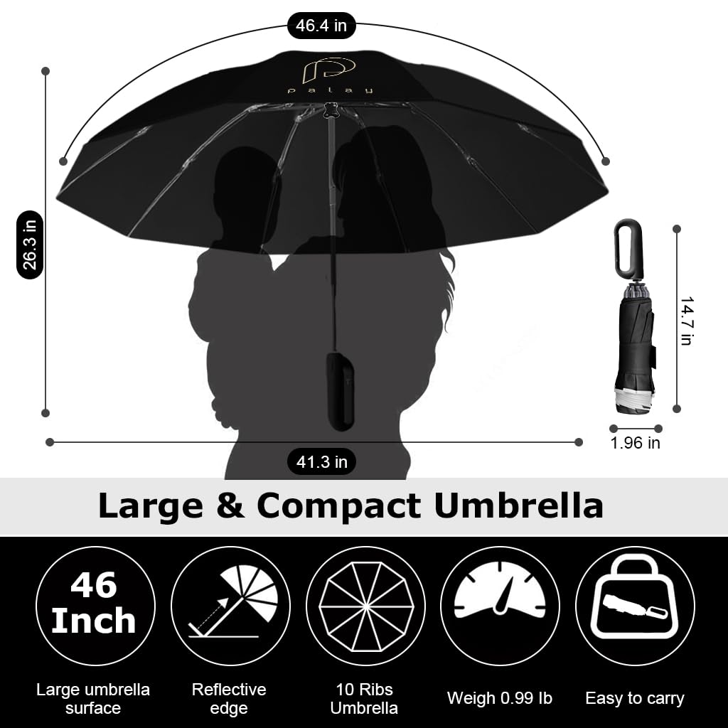 PALAY® Large Umbrella for Men Women with Reflective Strap, 50'' Automatic Open/Close Windproof Travel Folding Umbrella, Reinforced 10 Dual Ribs, 99 UV Protection Umbrella with Carabiner Handle Design