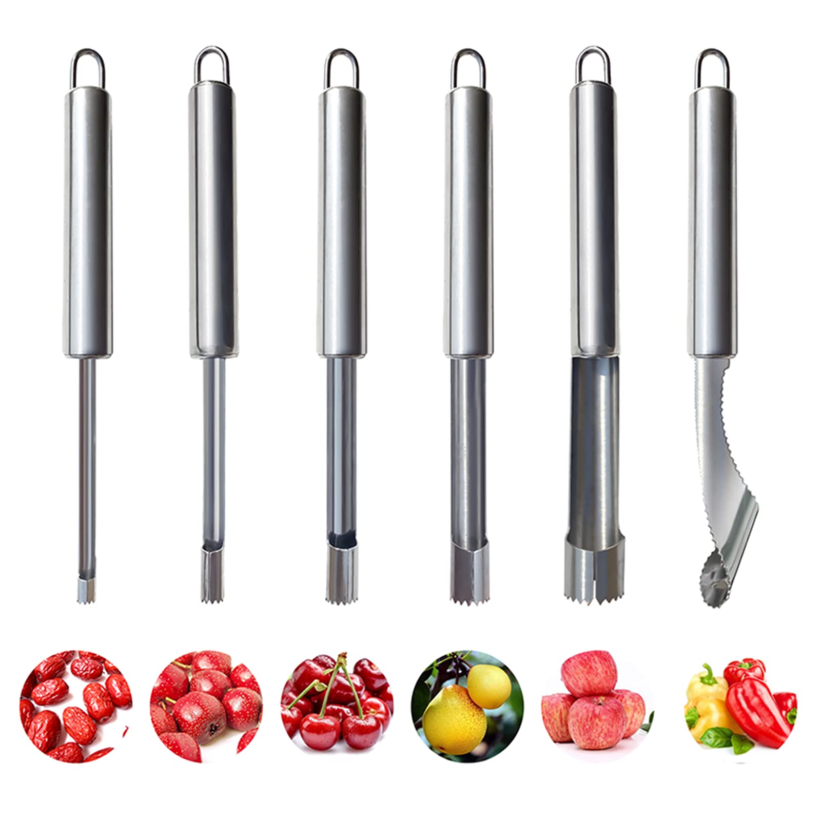 HASTHIP® 6 Pieces Corer and Pitter Fruit & Vegetable Multi-Function Stainless Corer and Pitter Remover Set for Apple, Pear, Cherry, Jujube, Red Dates, Berry, Chili
