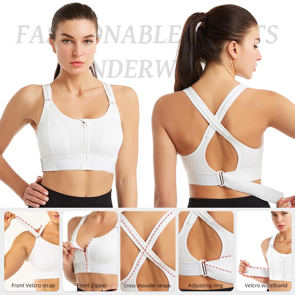 PALAY Sports Bra for Women with Front Zipper and Adjustable Straps | Polyester Padded Racerback