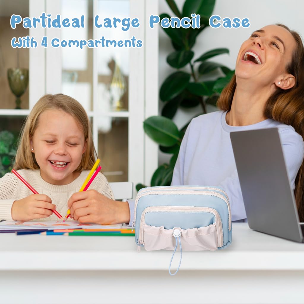 Zibuyu Pencil Case with 4 Compartments for School and Office | Cute Blue Style for Girls