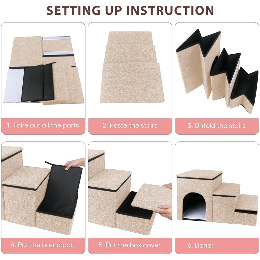 Qpets Pet Stairs for Small Dogs and Cats with Hidden Storage and Cozy Nap Spot | Easy Assembly