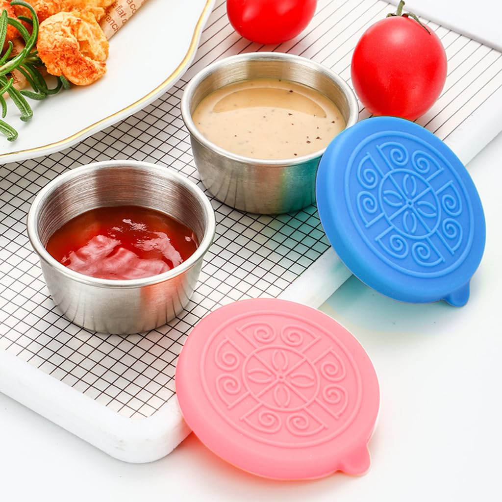 HASTHIP Salad Dressing Containers for Lunch and Travel with Leakproof Silicone Lids 40ml Stainless Steel Cups | Pink and Blue Reusable Set
