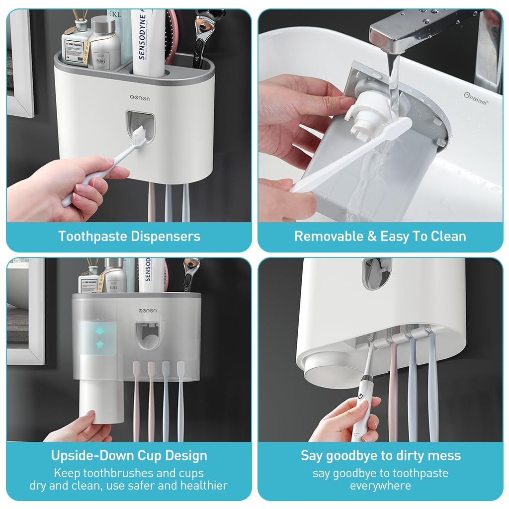 ZIBUYU Toothbrush Holder for Bathroom with Toothpaste Dispenser and Single Cup | 3 in 1 Wall Mounted Organizer 2PCS