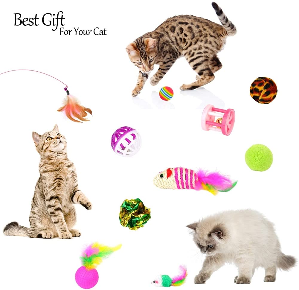 Qpets® Cat Toys Kitten Toys Cat Toy for Indoor Cats Cat Feathers Wand Cat Interactive Toys Set with Mouse Mice Balls and Bells Toys for Cats Kitty Kitten Cat Games and Toys (20 Pcs) (Red)