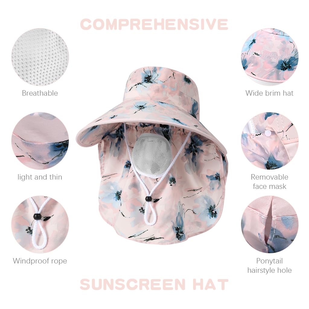 SANNIDHI Sun Hat for Women with UPF50+ Wide Brim and Removable Face Mask | Floral Print Summer Protection