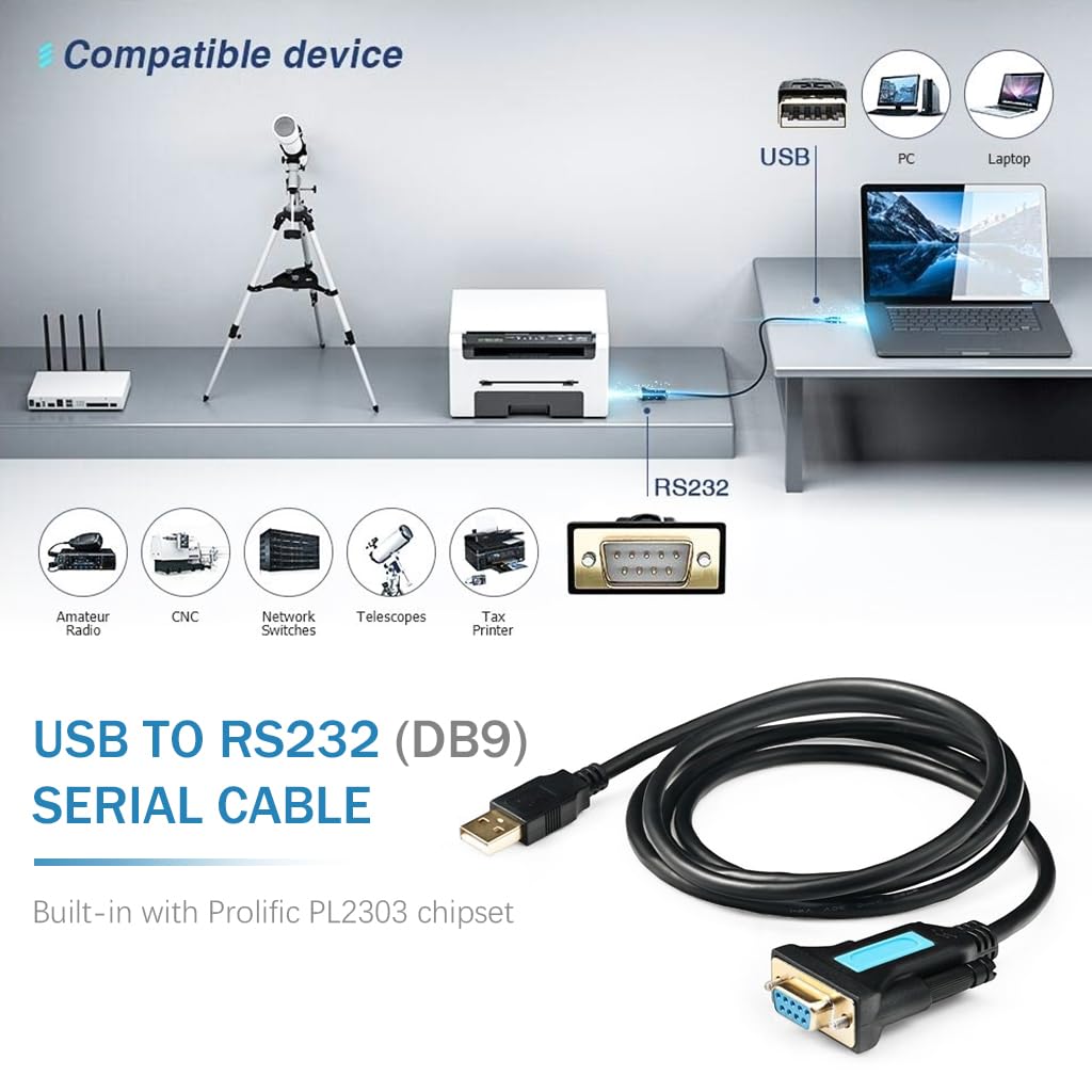 ZORBES USB to RS232 Adapter Cable for Printer 6.6Ft USB to RS232 Connection Cable Universal USB to RS232 Cable for Laptop, Desktop, Printer, Cash Registers