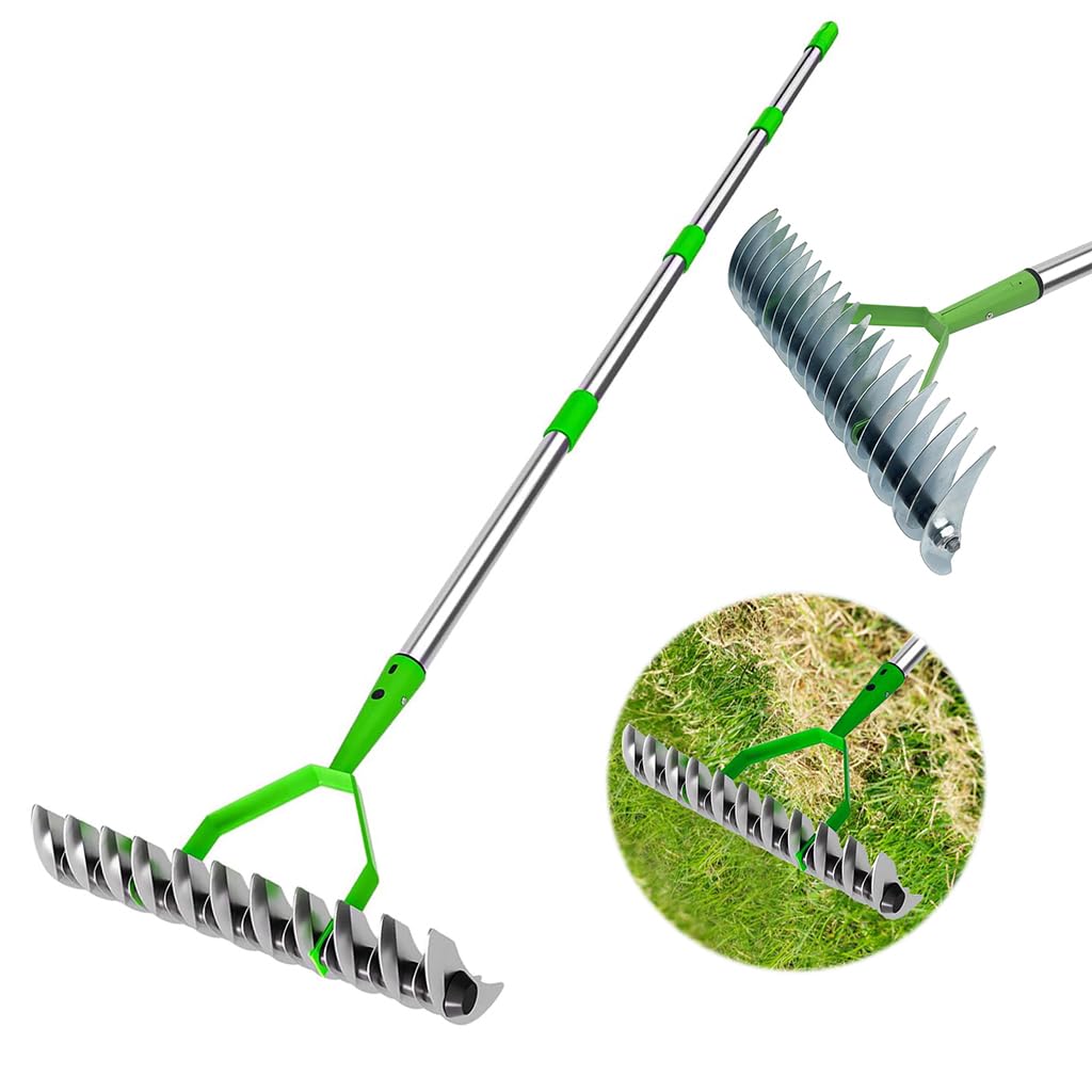 HASTHIP® Dual-edge Garden Rake - 170CM Farming Thatch Rake - Alloy Steel Adjustable Handle - Gardening Rake Loosening Soil & Cleaning Grass - Heavy Duty Agriculture Tool - Suitable for Garden & Lawn