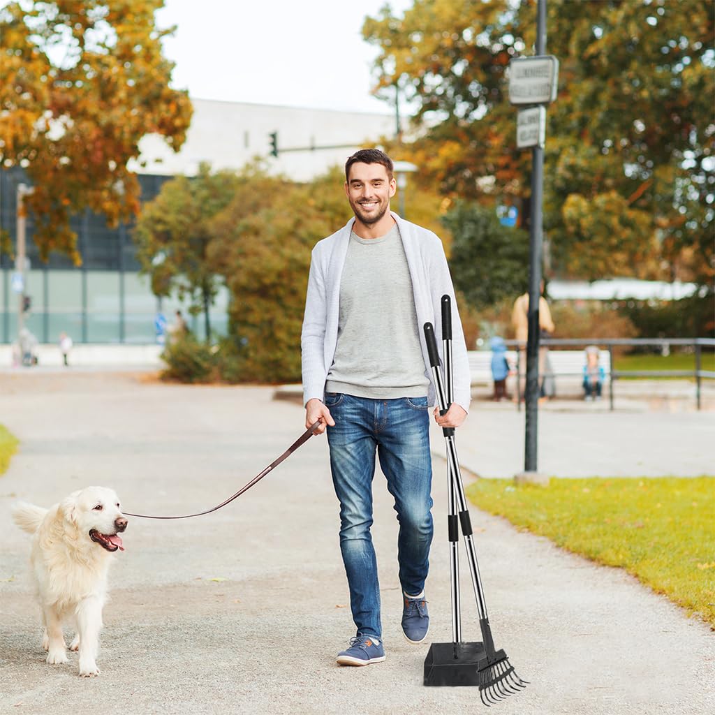 HASTHIP® Dog Pooper Scooper Tray Set, Dog Pooper Scooper for Large and Small Dogs with Long Handle, Adjustable Stainless Steel Rake Poo Rake for Dirt, Gravel, Lawns, Grass