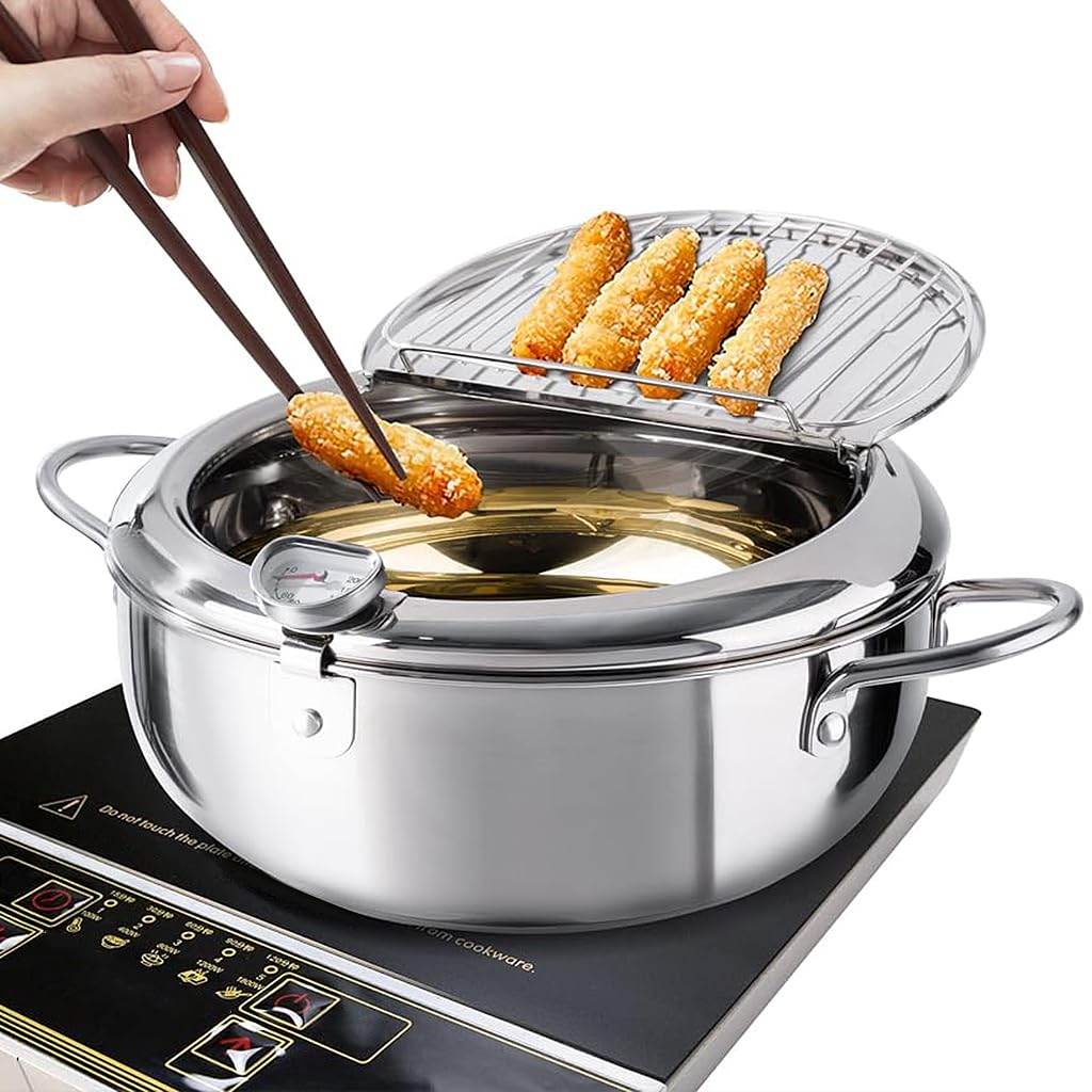 Supvox® Stainless Steel Fryer Pot Deep Fryer Pot with Lid & Oil Draining Stovetop & Induction Cooker Use Multifunctional Fryer Pot 9.4 Inch/3.4 L with Thermometer Kitchen Pot with Ears